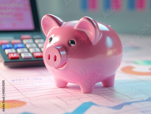 A pink piggy bank on the background of financial charts and a calculator symbolizes financial management