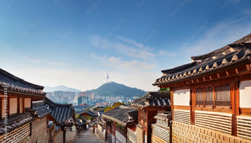 Naklejka premium The Iconic Bukchon Hanok Village in Seoul, South Korea, Where Traditional Korean Houses With Sloped Tiled Roofs Line Narrow Streets Overlooking the Modern City Skyline in a Unique Historical Landscape