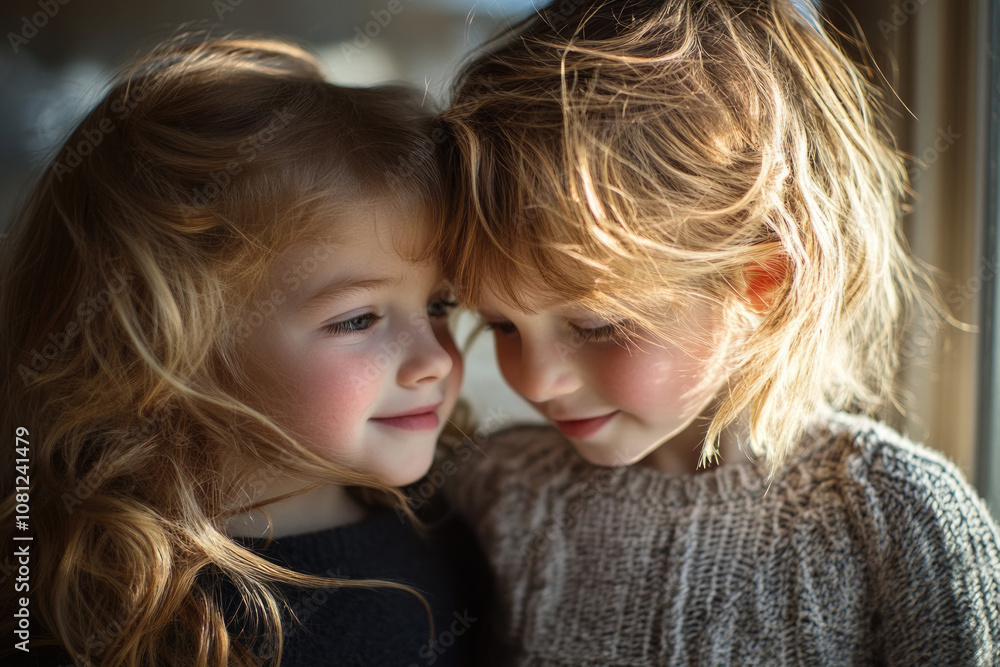 Two young children are embracing by a window, sharing a tender moment of friendship and innocence, with natural light highlighting their joyful expressions. Two young children are embracing by a window, sharing a tender moment of friendship and innocence, with natural light highlighting their joyful expressions.