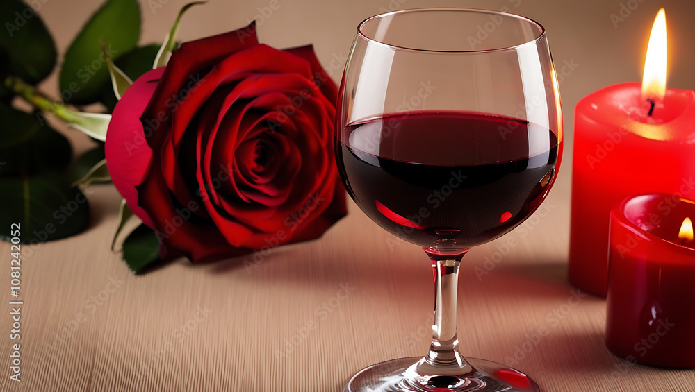 A single red rose, a glass of red wine and two burning candles create a romantic scene on a wooden table. A single red rose, a glass of red wine and two burning candles create a romantic scene on a wooden table.
