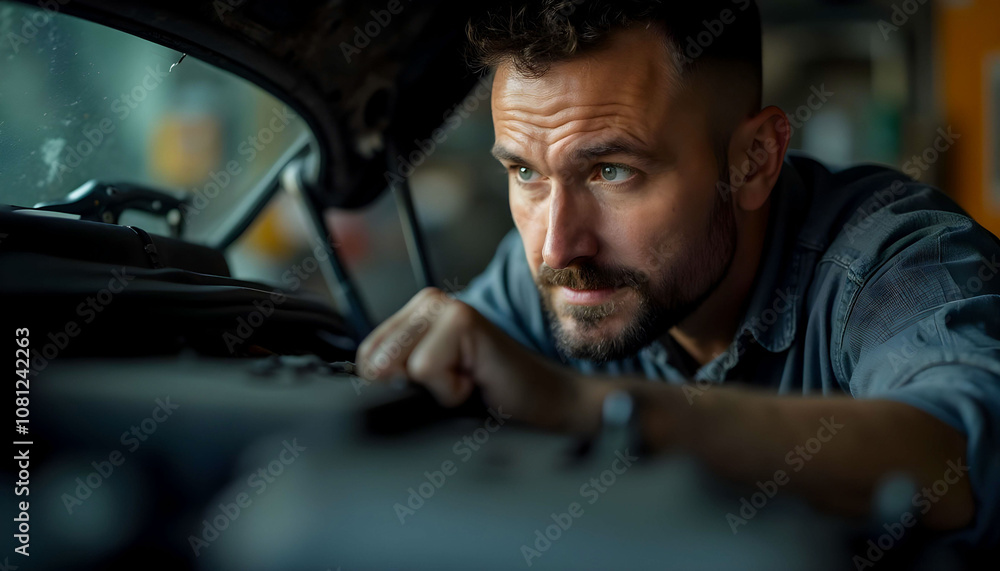 Close-up of a focused face while repairing a vehicle, highlighting concentration and technical skill. Close-up of a focused face while repairing a vehicle, highlighting concentration and technical skill.