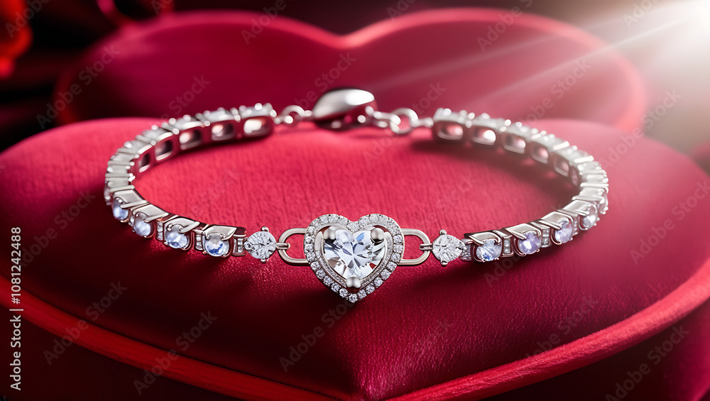 A sparkling silver bracelet with a heart-shaped diamond lies in a red velvet heart-shaped box. A sparkling silver bracelet with a heart-shaped diamond lies in a red velvet heart-shaped box.