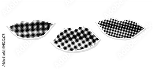 Female Lips with halftone dot effect. Retro halftone mouth. Modern collage. Woman's smile. Pop art dotted style. Laughing mouth. Paper cutout element. Y2K style. Body part