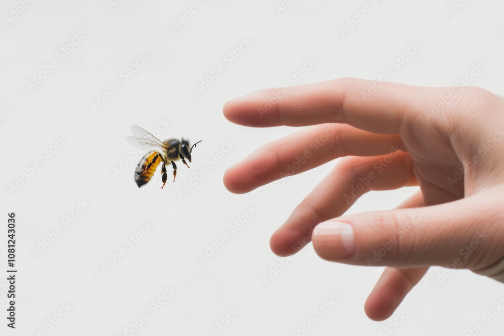A single hand with outstretched fingers reaches toward a bee in flight, evoking themes of coexistence, care, and harmony in a serene composition. A single hand with outstretched fingers reaches toward a bee in flight, evoking themes of coexistence, care, and harmony in a serene composition.
