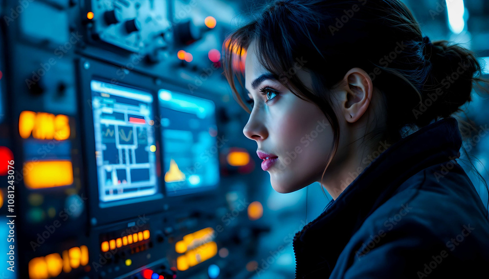 Face of a person looking at the machine’s control panel, focusing on operation and technical precision Face of a person looking at the machine’s control panel, focusing on operation and technical precision