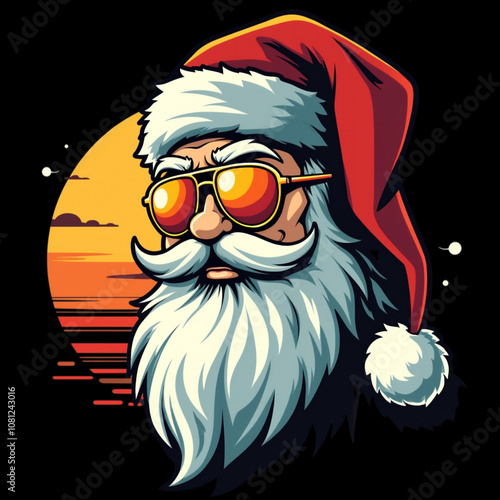 A cool Santa wearing sunglasses is depicted against a vibrant sunset backdrop photo