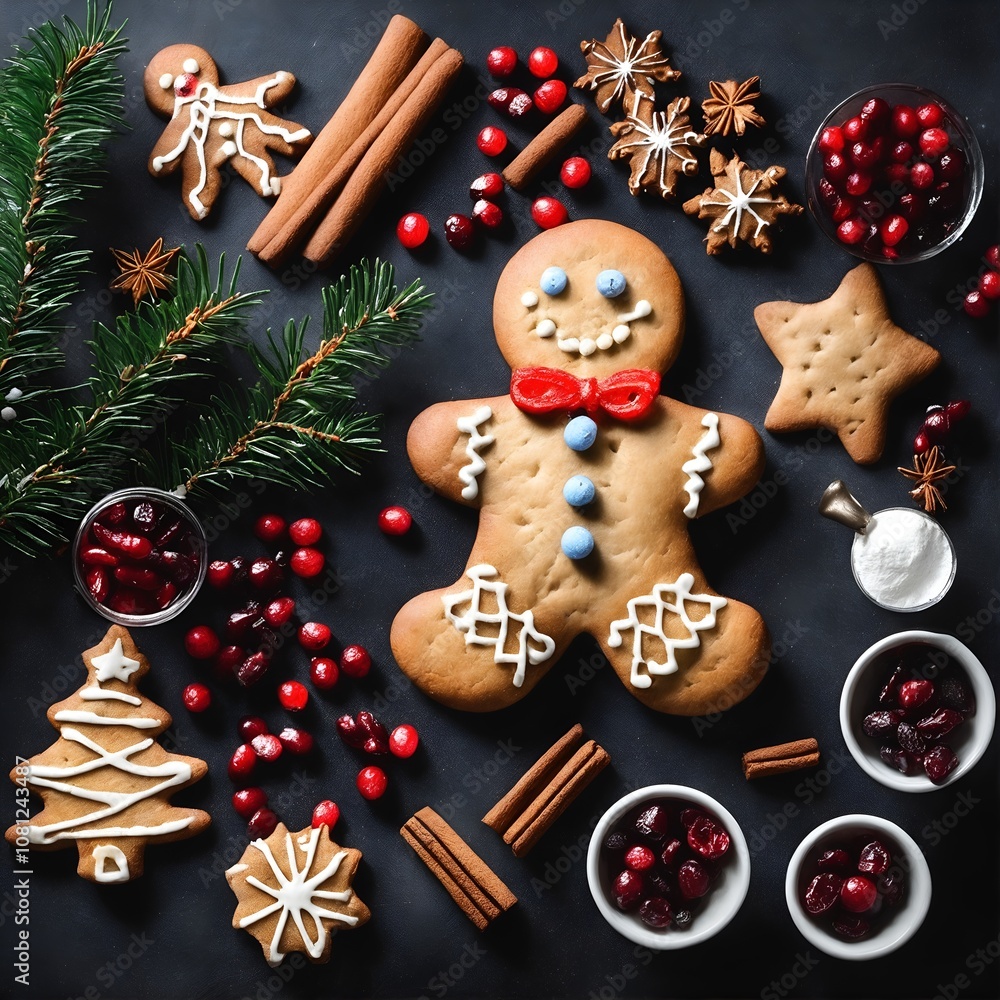 Homemade gingerbread cookies. Winter composition. New Year or Christmas. Top view flat lay. Generative AI Homemade gingerbread cookies. Winter composition. New Year or Christmas. Top view flat lay. Generative AI