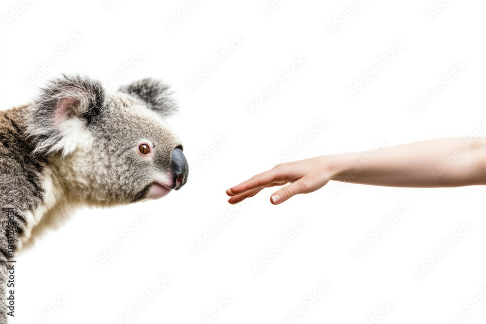 Obraz premium A koala gazes intently at a human hand reaching towards it, illustrating the connection and curiosity between human and animal in a serene, isolated setting.