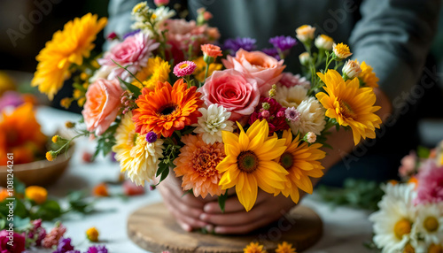 Wallpaper Mural Worker arranging a bouquet of flowers, showcasing creativity and attention to detail in floral design Torontodigital.ca