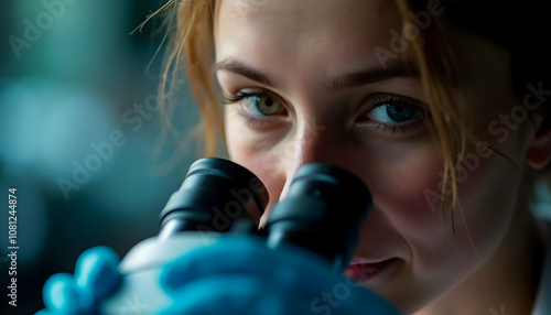 Focused face of a person looking through a microscope, highlighting attention to detail in scientific researc photo