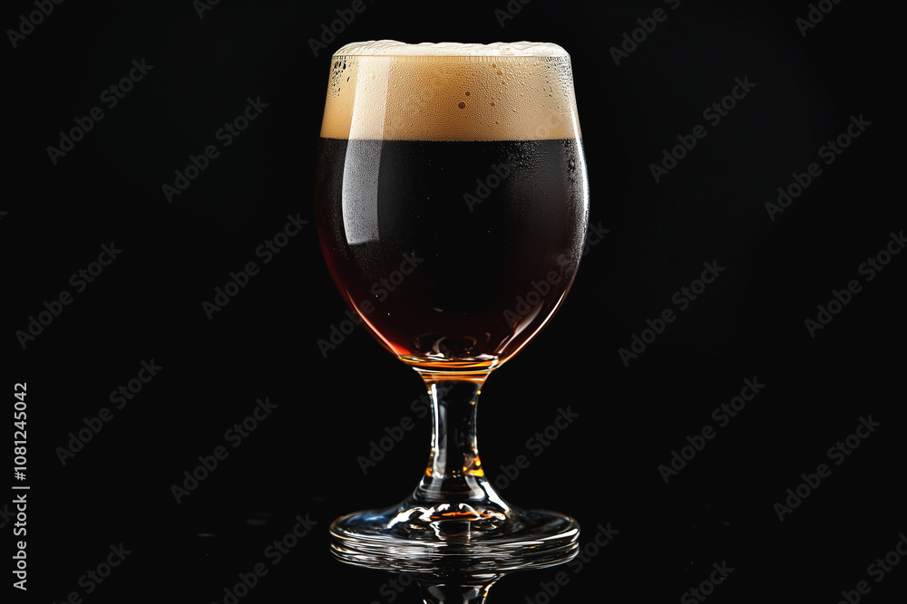 Dark beer with creamy foam in a glass, set against a minimalist black background.
Dark beer with creamy foam in a glass, set against a minimalist black background.