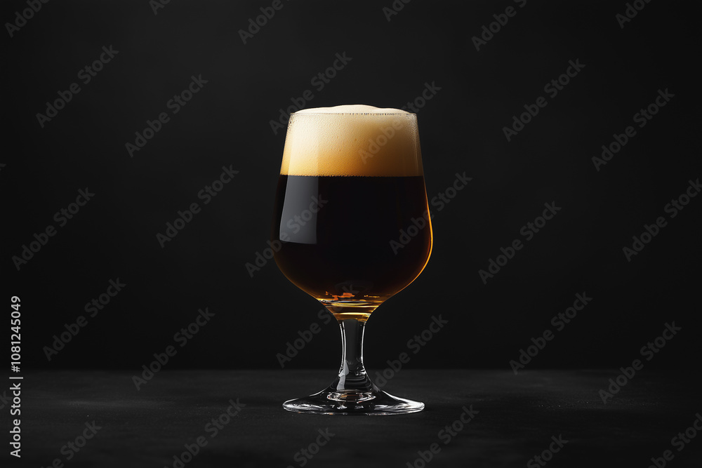 Dark beer with creamy foam in a glass, set against a minimalist black background.
Dark beer with creamy foam in a glass, set against a minimalist black background.
