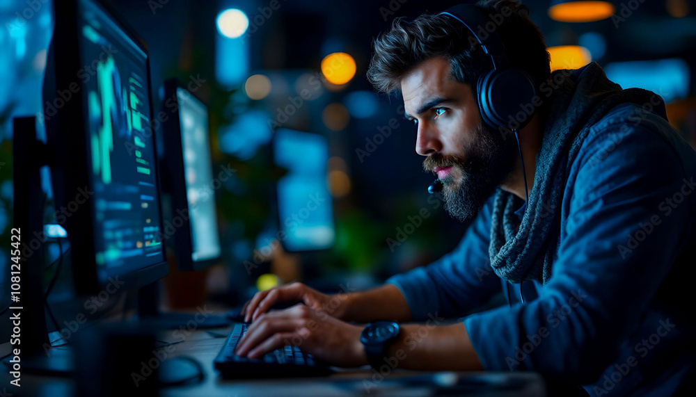 Employee in front of a computer, staring at the screen with full concentration, showcasing focus and dedication in work Employee in front of a computer, staring at the screen with full concentration, showcasing focus and dedication in work