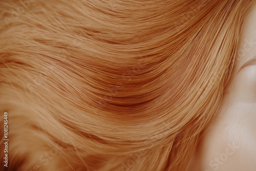 natural ginger hair with smooth flowing strands and soft waves. Macro shot for beauty and hair care design