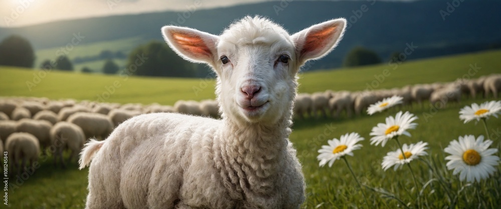 Fototapeta premium White sheep on green grass floral meadow