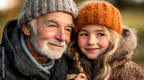 Grandfather and Granddaughter Embracing in Heartwarming Winter Moment