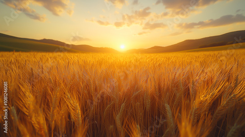 Golden wheat field under a bright summer sky with fluffy clouds, symbolizing agriculture. 