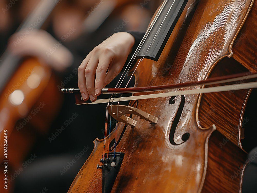 Close-up of musician playing cello with warm bokeh lights in the background.
Close-up of musician playing cello with warm bokeh lights in the background.
