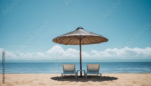 Beach leisure time, the serene beauty of beach chairs and umbrellas photo