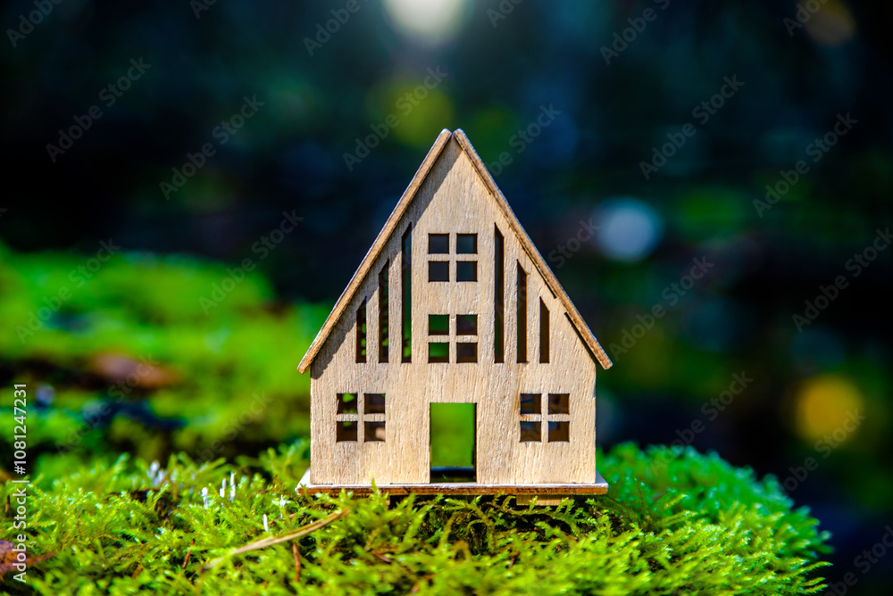 the symbol of the house stands on green moss
the symbol of the house stands on green moss
