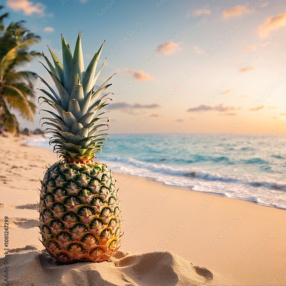 Pineapple on exotic sand beach at sunrise or sunset sea background. Pineapple on exotic sand beach at sunrise or sunset sea background.