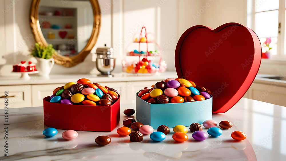 Two heart-shaped boxes filled with colorful chocolate candies, one red and one blue, with more candies scattered on a white marble countertop. Two heart-shaped boxes filled with colorful chocolate candies, one red and one blue, with more candies scattered on a white marble countertop.