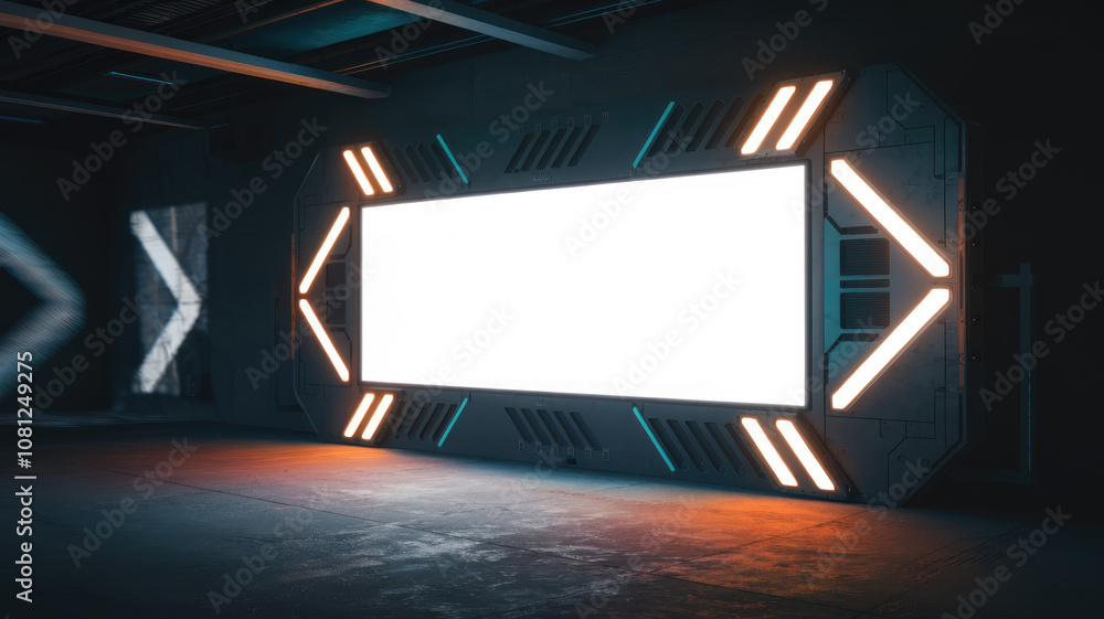 A large white sign with orange and blue lights on it. The sign is in a dark room A large white sign with orange and blue lights on it. The sign is in a dark room