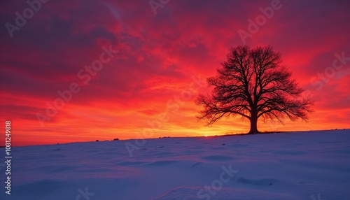 Winter sunset with a lone tree, solitary and beautiful, deep reds and oranges behind a single, stark tree in a snowy field, copy space