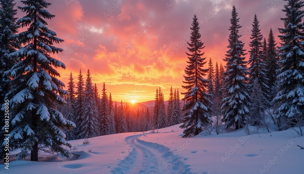 Winter sunset with snow-dusted pine trees, warm and serene, soft orange light filtering through a forest of snow-covered evergreens Winter sunset with snow-dusted pine trees, warm and serene, soft orange light filtering through a forest of snow-covered evergreens