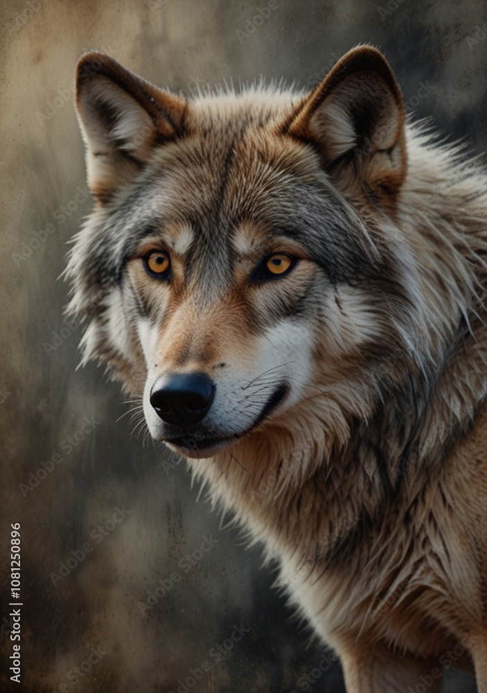 Obraz premium Golden-Eyed Wolf Gazing Mysteriously in Rustic Wooded Setting