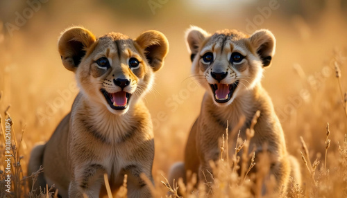Happy lions or meerkats in an African setting, symbolizing carefreeness and joy in the wild.