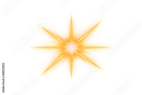 Golden light with sun rays, dawn-inspired glare, and radiant flares. Sunbursts and shimmering highlights, ideal for luminous and atmospheric designs. Golden star on white background