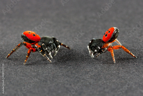 Two red angry spiders fighting with each other on black canvas, Eresus kollari bikapók moment