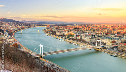 Canvas Print Budapest sunset showing the whole city with the Danube river from high from the