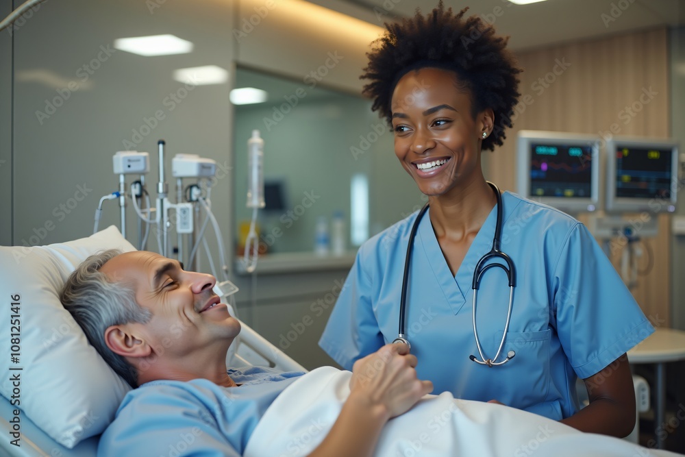 Fototapeta premium Young Black nurse cares for elderly patient in hospital room