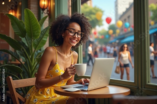 Young Latina woman working on laptop at busy cafe