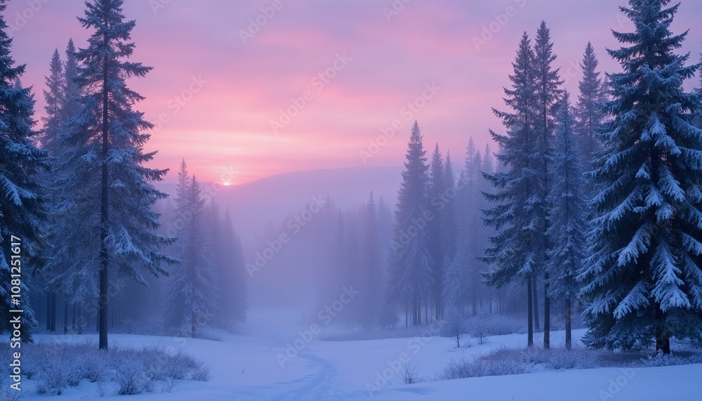 Winter sunset with a misty forest, mystical and serene, soft pinks and blues filtering through fog among snow-covered trees Winter sunset with a misty forest, mystical and serene, soft pinks and blues filtering through fog among snow-covered trees