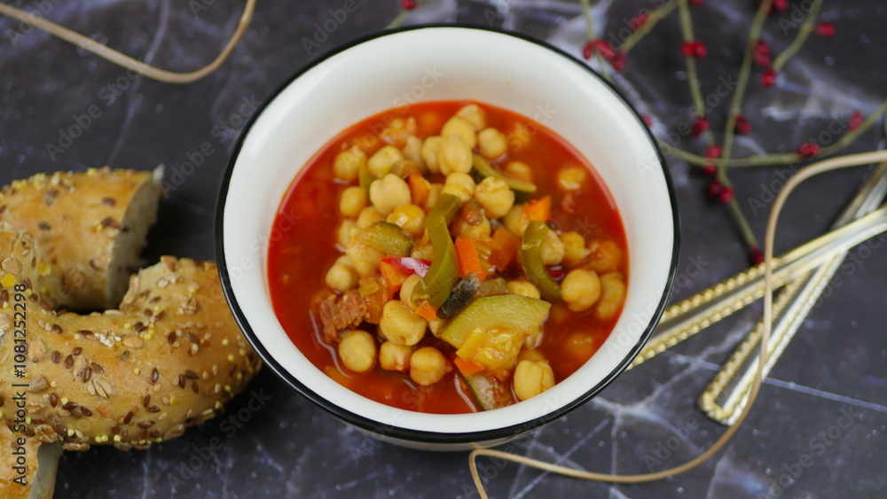 A dish of chickpeas, peppers, carrots and other vegetables with a whole grain roll A dish of chickpeas, peppers, carrots and other vegetables with a whole grain roll