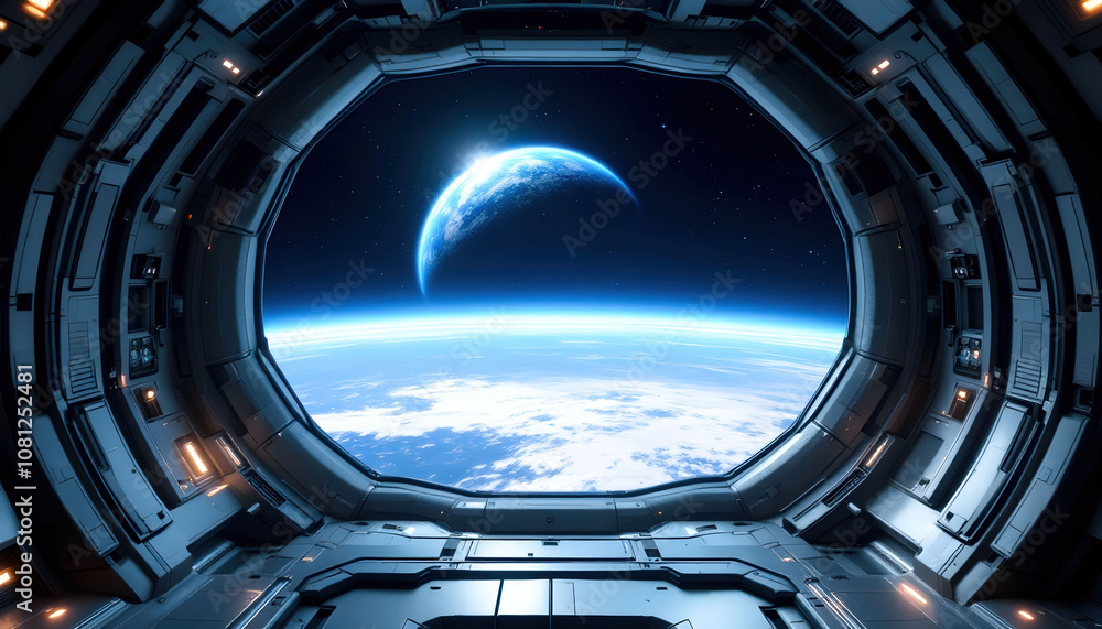 Interior of a spaceship, gazing at a distant planet or galaxy, evoking a sense of space exploration