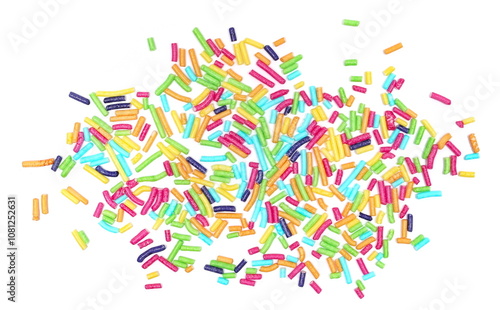 Colorful candy sprinkles isolated on white background, top view	 photo