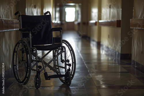 Empty Wheelchair Silhouetted in Hospital Hallway