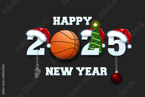 Happy new year. 2025 with basketball ball. Numbers in Christmas hats with whistle and Christmas tree ball. Original template design for greeting card. Vector illustration on isolated background photo