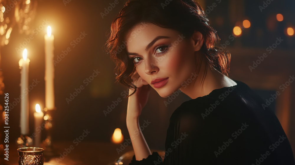 Elegant candlelit portrait of woman in luxurious setting for advertising Elegant candlelit portrait of woman in luxurious setting for advertising