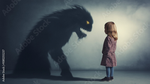 Boy standing before a monstrous shadow cast against the wall, exploring the themes of childhood imagination and fright photo