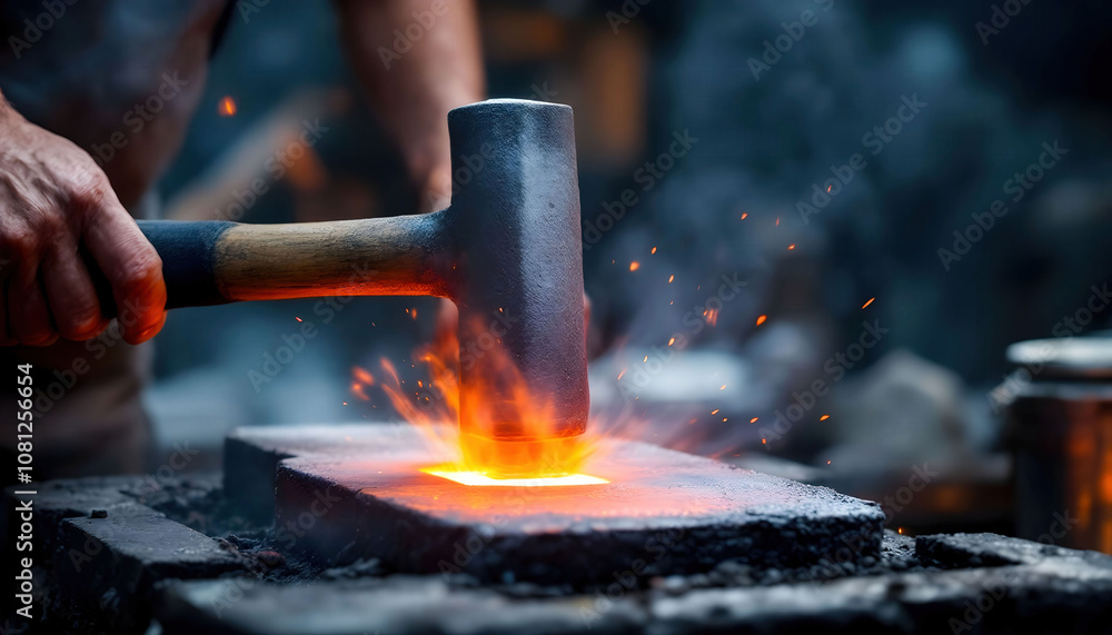 A scene in a forge where hot steel is being shaped with large hammers, showcasing traditional metalworking A scene in a forge where hot steel is being shaped with large hammers, showcasing traditional metalworking