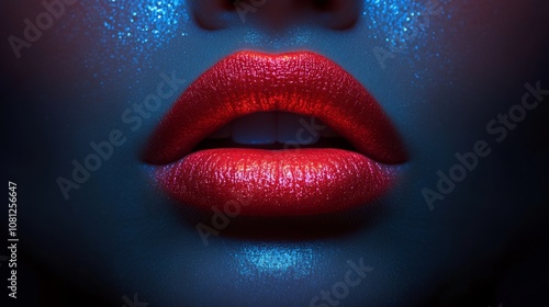 Close-up of bright red painted beautiful female lips, cosmetic makeup background