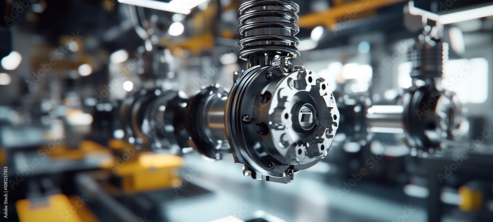 Precision Engineering: A Close-Up View of a Complex Machine Component in a Modern Factory Setting Precision Engineering: A Close-Up View of a Complex Machine Component in a Modern Factory Setting