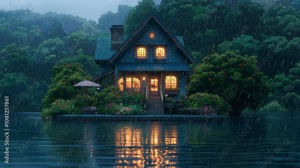 Fototapeta premium A cozy wooden house with lit windows sits on a small island in a lake, surrounded by lush greenery under a soft rain. The house is reflected in the water.