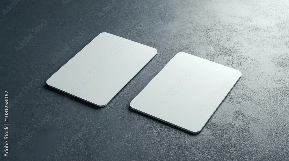Two sleek, blank rectangular objects on a textured surface. Two sleek, blank rectangular objects on a textured surface.