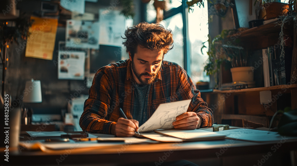Man Designing Creative Projects in Minimalist Workspace, Artistic Focus, Professional Creativity, Drafting Man Designing Creative Projects in Minimalist Workspace, Artistic Focus, Professional Creativity, Drafting